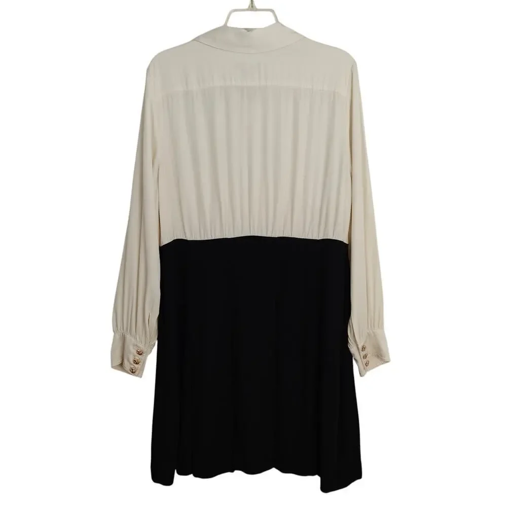 J Crew Button Front Crepe Shirt Dress Size 14 Black Ivory Pockets Preppy Career